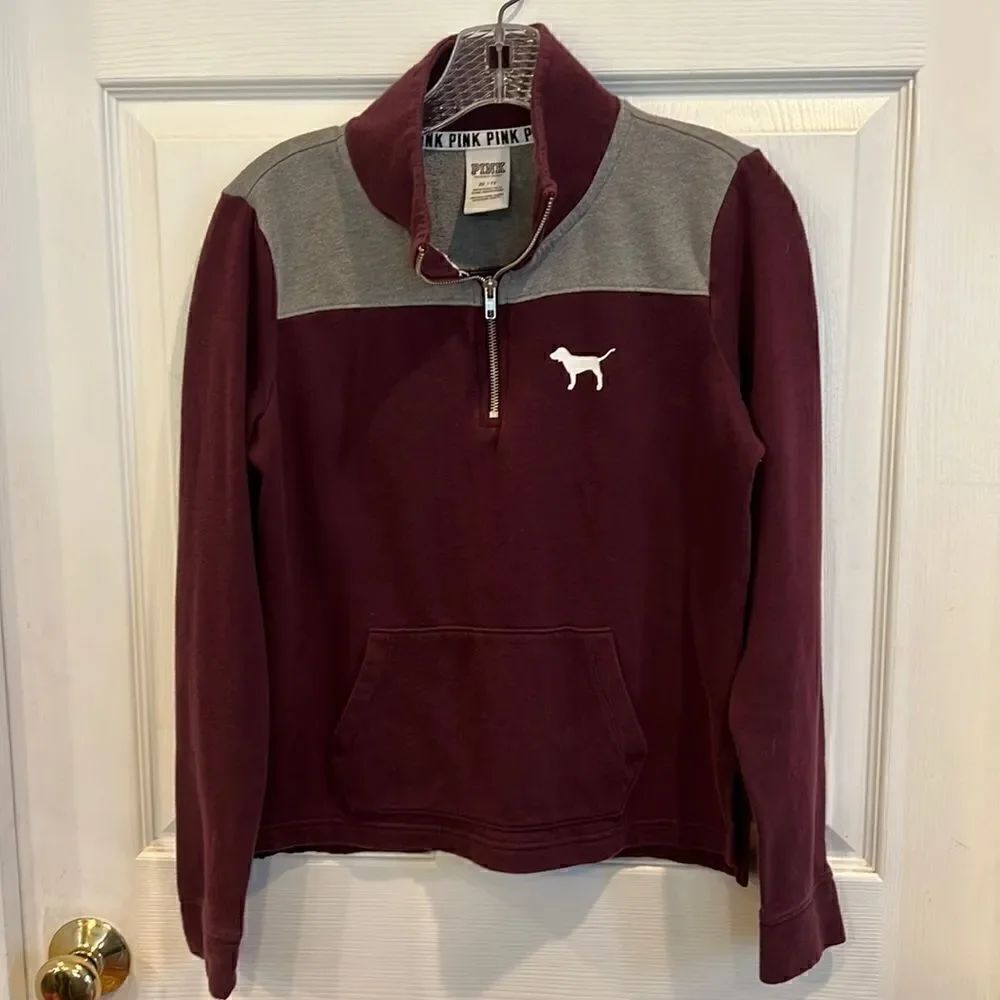 PINK Victoria’s Secret size XS maroon and gray half zip hoodie sweatshirt